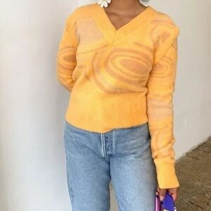 House of Sunny Hockney Knit Detachable Sleeve V-Neck Sweater Orange Yellow Sz 4